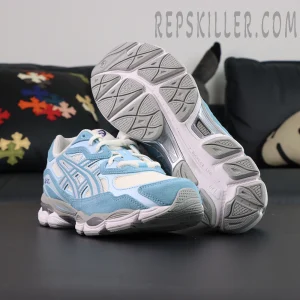 Bottom and side view of ASICS GEL-NYC “Arctic Sky” highlighting outsole traction and sole structure.