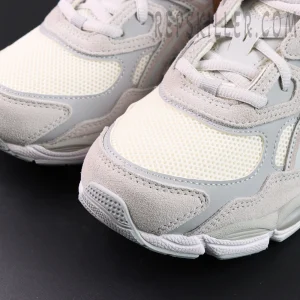 Close-up of ASICS GEL-NYC “Cream Cloud Grey” toe box showing textured suede and breathable mesh.