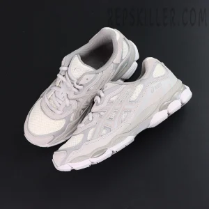 Flat lay of ASICS GEL-NYC “Cream Cloud Grey” showing layered panels and GEL midsole structure.