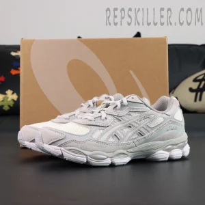 ASICS GEL-NYC “Cream Cloud Grey” with box in background showing signature asics packaging.