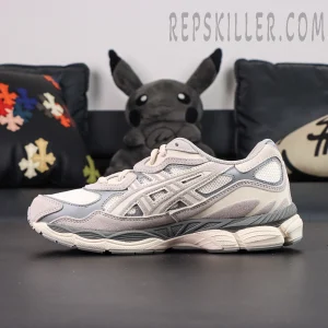 Side profile of ASICS GEL-NYC “Cream Oyster Grey” featuring mesh and suede construction in neutral tones.