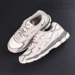 Flat lay of ASICS GEL-NYC “Cream Oyster Grey” pair showing full design and soft contrast tones.
