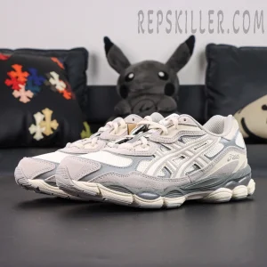 Front angled view of ASICS GEL-NYC “Cream Oyster Grey” showing balanced cream and grey palette.