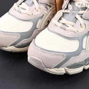 Close-up of ASICS GEL-NYC “Cream Oyster Grey” toe box with suede overlay and breathable mesh texture.