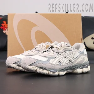 ASICS GEL-NYC “Cream Oyster Grey” with box in background showing cream and grey layered upper.
