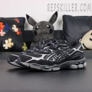 ASICS GEL-NYC “Graphite Grey Black” angled view highlighting reflective silver details and mesh construction.