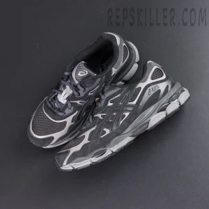 Flat lay of ASICS GEL-NYC “Graphite Grey Black” showing full upper design and material combination.