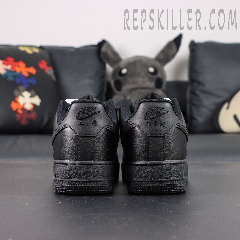 Rear view of Nike Air Force 1 ’07 “Triple Black” showing dual Nike Air heel embroidery.