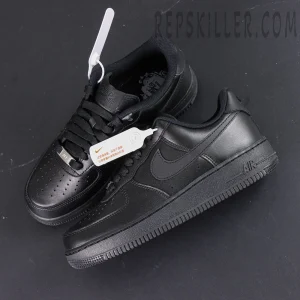 Overhead view of Nike Air Force 1 ’07 “Triple Black” showing both shoes with all-black colorway.