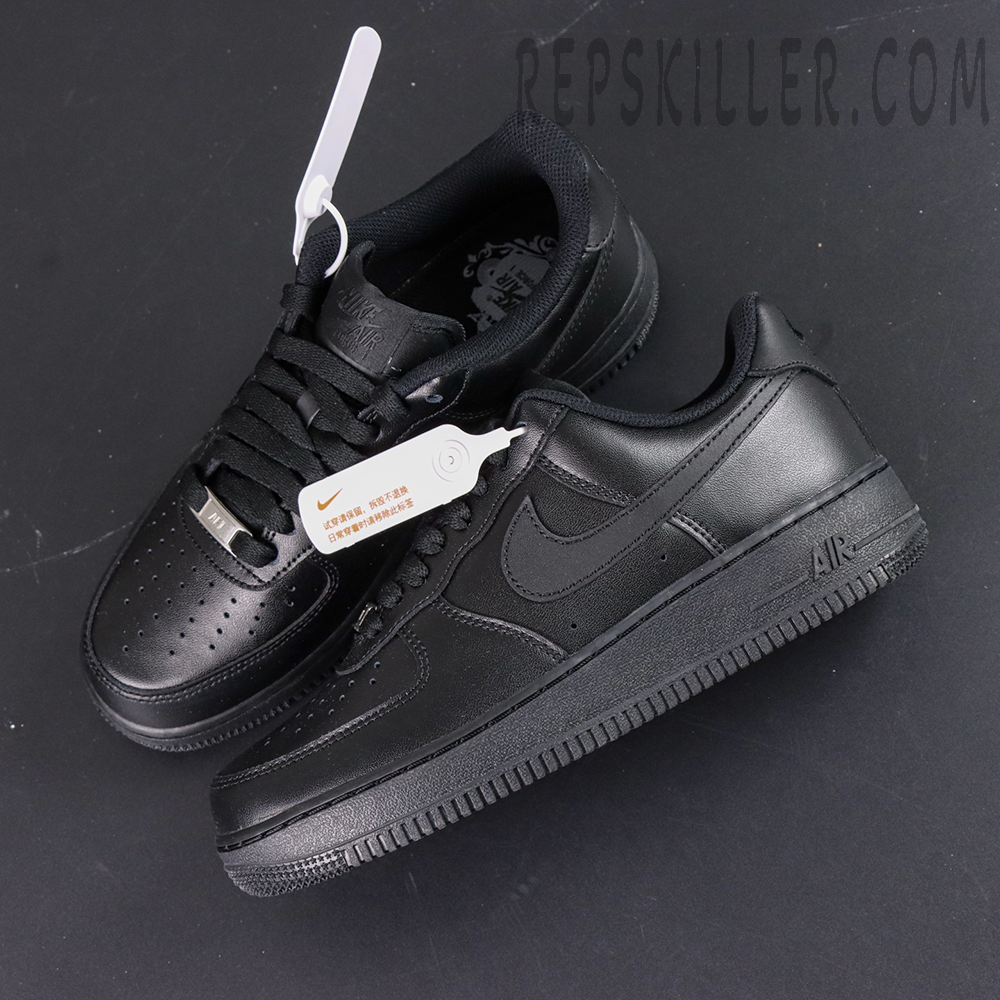 Overhead view of Nike Air Force 1 ’07 “Triple Black” showing both shoes with all-black colorway.