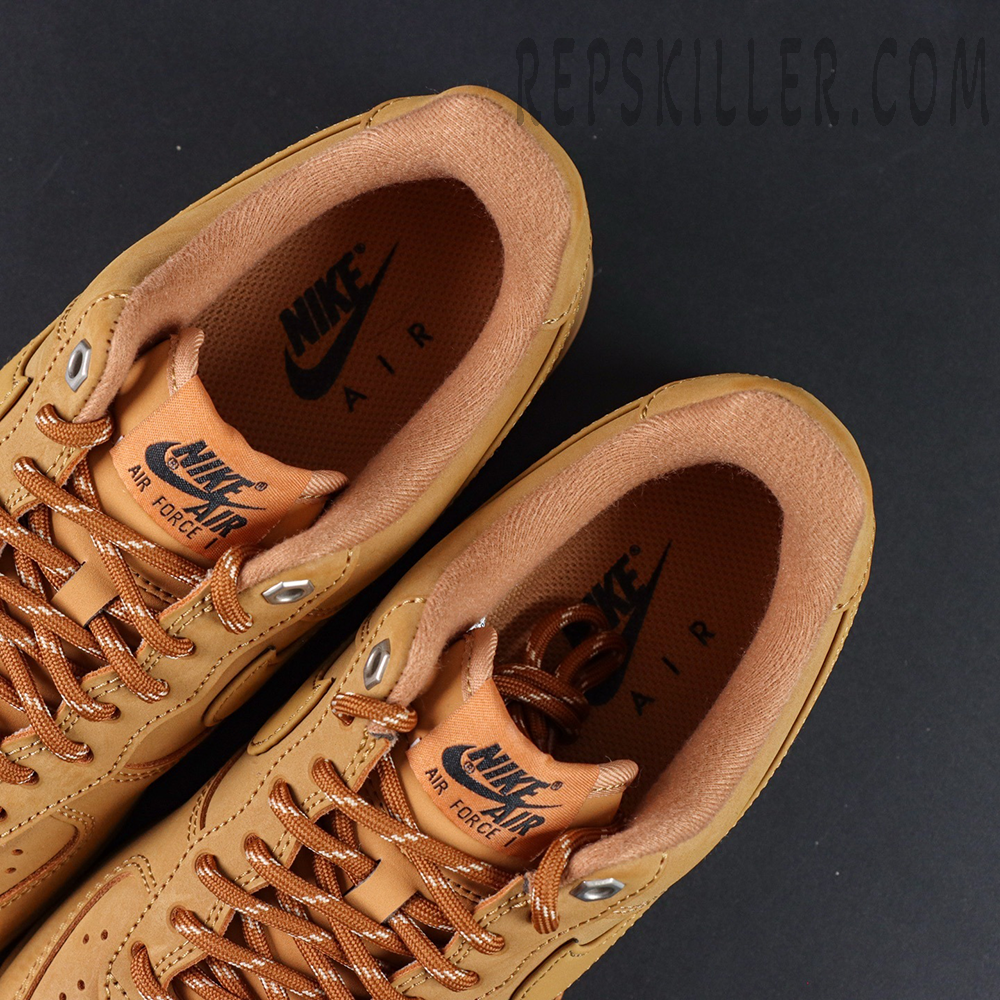 Top view of Nike Air Force 1 Low ‘Flax’ 2019 showing padded collar and Nike Air branding on tongue