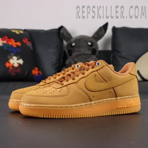 Side profile of Nike Air Force 1 Low ‘Flax’ 2019 highlighting tonal Swoosh and wheat leather texture