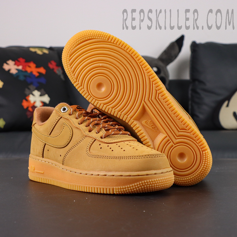 Bottom sole and upper view of Nike Air Force 1 Low ‘Flax’ 2019 showcasing circular outsole pattern