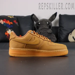 Lateral side of Nike Air Force 1 Low ‘Flax’ 2019 with gum rubber midsole and classic Air branding