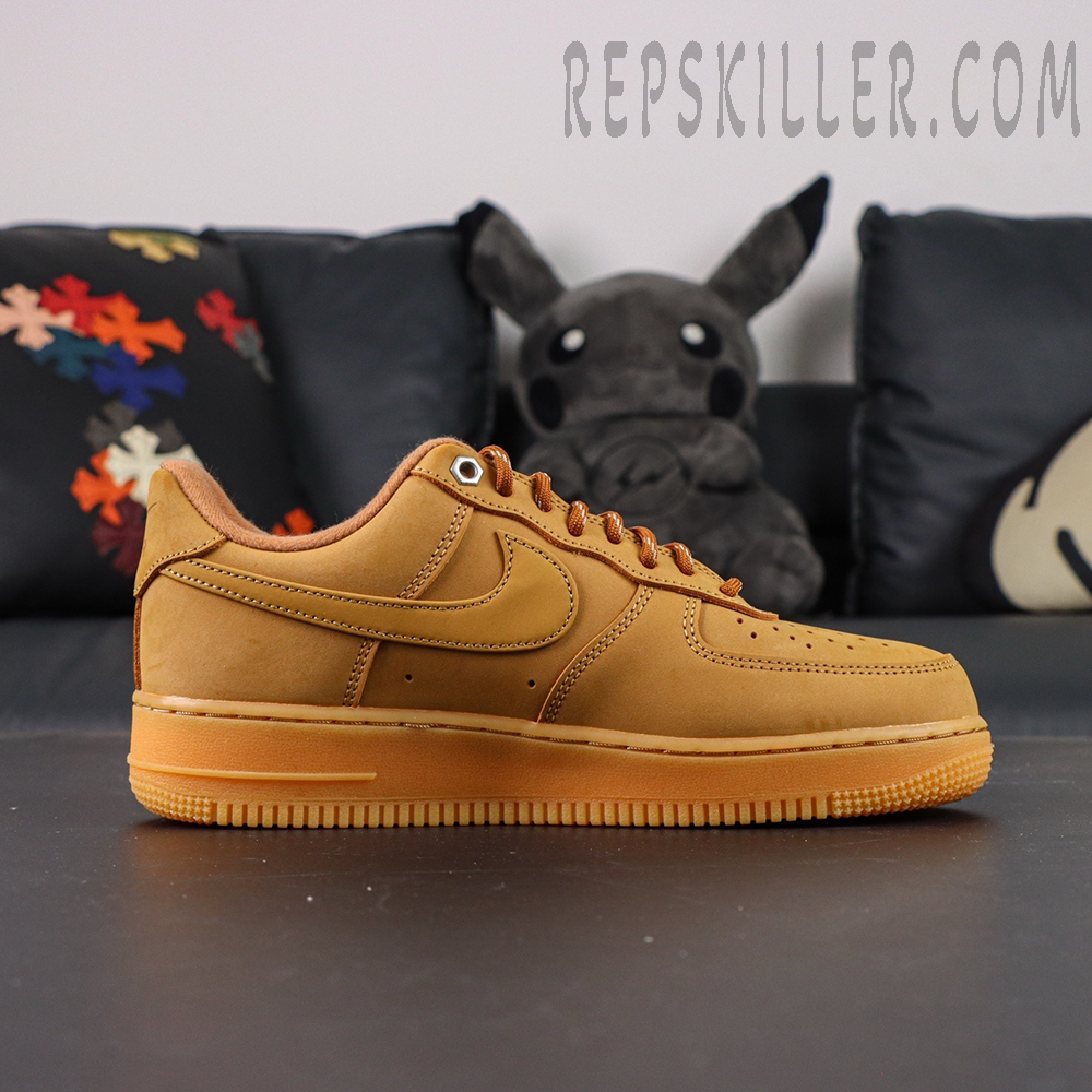 Lateral side of Nike Air Force 1 Low ‘Flax’ 2019 with gum rubber midsole and classic Air branding