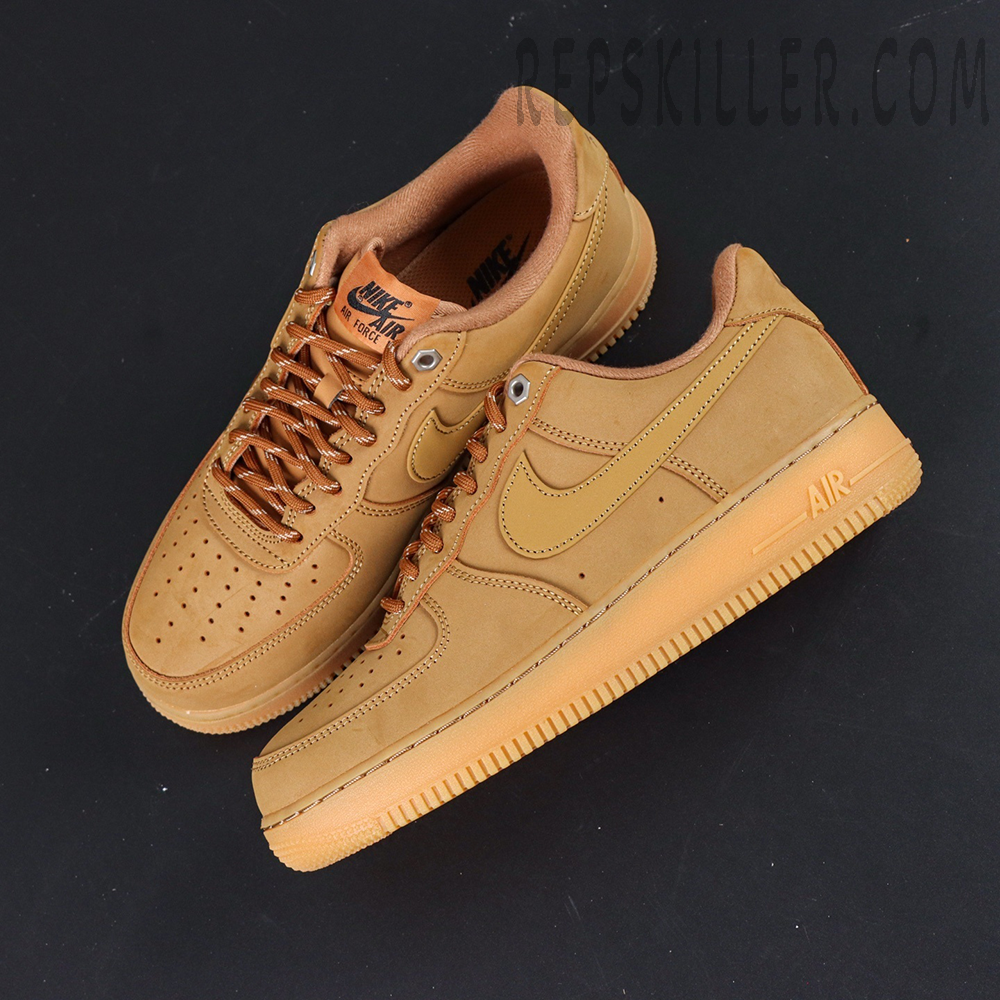 Overhead shot of Nike Air Force 1 Low ‘Flax’ 2019 pair featuring textured nubuck upper and rope laces