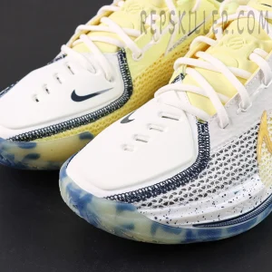 Close-up of Nike Air Zoom GT Cut “Sabonis Playoffs PE” toe box showing white and navy stitched overlays.