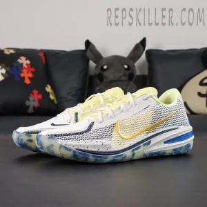 Side view of Nike Air Zoom GT Cut “Sabonis Playoffs PE” featuring yellow gradient upper and blue sole detailing.