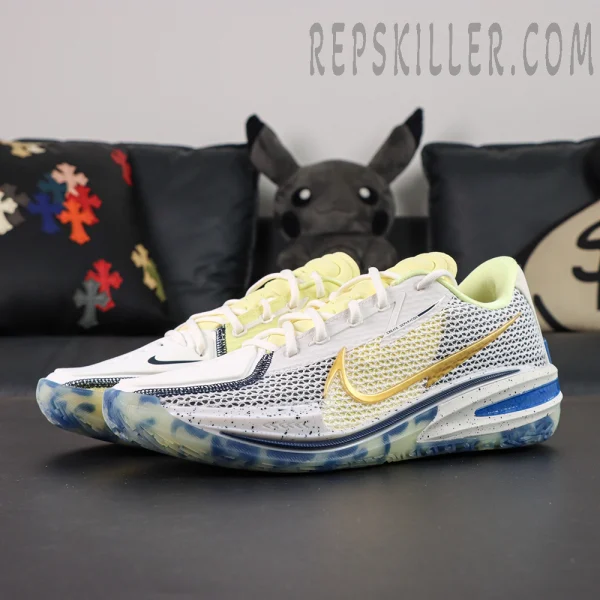 Side view of Nike Air Zoom GT Cut “Sabonis Playoffs PE” featuring yellow gradient upper and blue sole detailing.