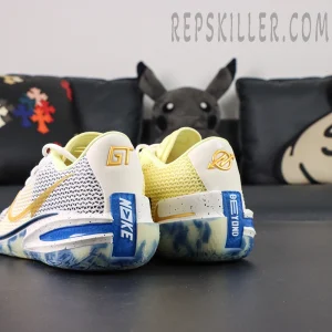 Rear angle of Nike Air Zoom GT Cut “Sabonis Playoffs PE” highlighting dual heel tabs with blue and gold details.