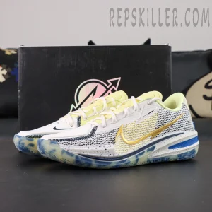 Nike Air Zoom GT Cut “Sabonis Playoffs PE” with Pacers-inspired box background, featuring yellow and blue tones.