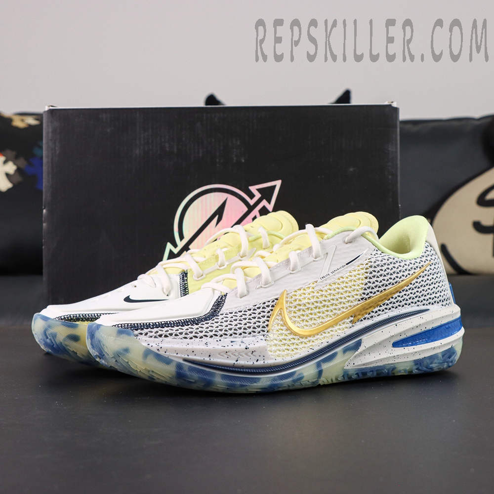 Nike Air Zoom GT Cut “Sabonis Playoffs PE” with Pacers-inspired box background, featuring yellow and blue tones.