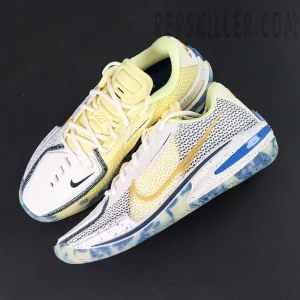 Top view of Nike Air Zoom GT Cut “Sabonis Playoffs PE” showing mesh upper and bold yellow Swoosh logo.