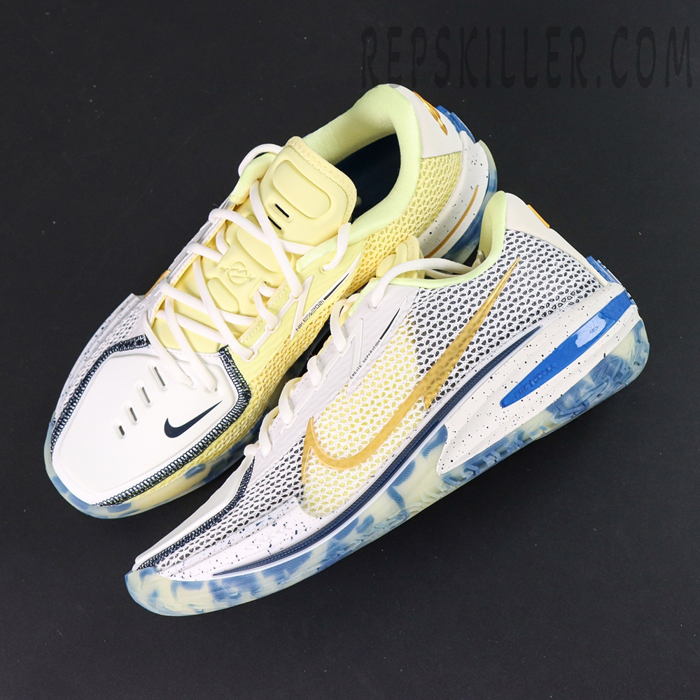 Top view of Nike Air Zoom GT Cut “Sabonis Playoffs PE” showing mesh upper and bold yellow Swoosh logo.