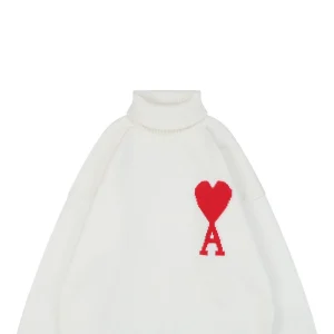 Ami Heart Intarsia Turtleneck Sweater White