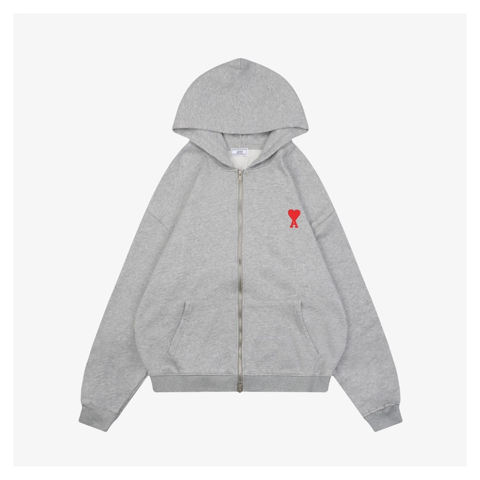 Ami Paris Heart Logo Embroidered Zip-Up Hoodie Grey Front view