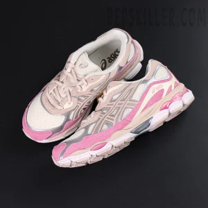 Top view of ASICS GEL-NYC “Cream Pink” showing cream mesh upper with pink suede overlays and silver detailing.