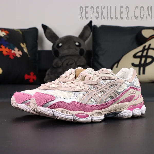 Angled front view of ASICS GEL-NYC “Cream Pink” displaying mixed-tone cream and pink colorway.