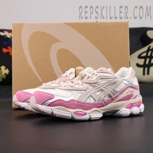 ASICS GEL-NYC “Cream Pink” with box in background showing overall retro runner style.