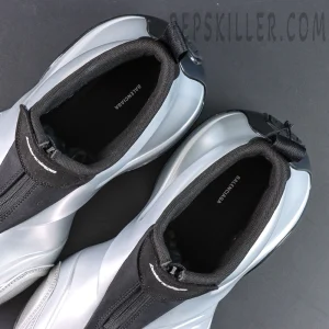 Top-down view of Balenciaga Basketball Sneaker in Silver/Black showing padded collar and Balenciaga branding inside.