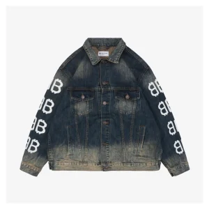 Balenciaga Graffiti Double-B Logo Denim Jacket Blue Front view