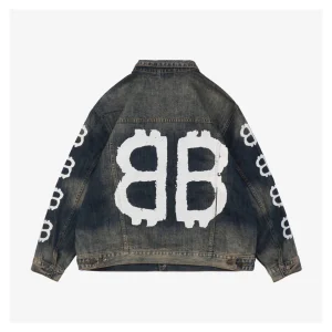 Balenciaga Graffiti Double-B Logo Denim Jacket Blue Back view