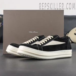 Rick Owens DRKSHDW Hollywood Vintage Low “Black Milk” sneakers with box in background, featuring black suede upper and off-white sole.