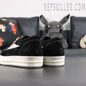 Rear angled view of DRKSHDW Hollywood Vintage Low “Black Milk” showing black suede heel and cream midsole contrast.