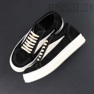 Top-down view of DRKSHDW Hollywood Vintage Low “Black Milk” showing black and beige contrast design and flat laces.
