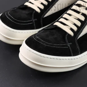 Close-up of DRKSHDW Hollywood Vintage Low “Black Milk” toe box highlighting suede texture and cream stitching details.
