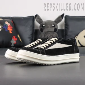 Front angled view of DRKSHDW Hollywood Vintage Low “Black Milk” showcasing its layered sole and vintage aesthetic.