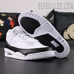Outsole and side view of Fragment Design x Air Jordan 3 “White” showing black and white contrast sole with Nike branding.