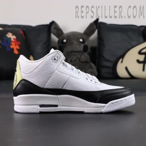 Side profile of Fragment x Air Jordan 3 “White” showing black leather panel and visible Air unit.