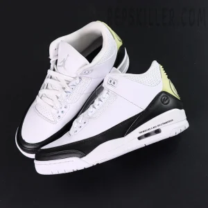 Overhead pair view of Fragment x Air Jordan 3 “White” showing minimal design and text print on midsole.