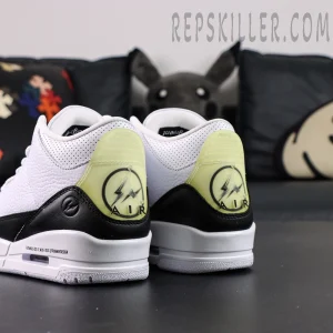 Rear angled view of Fragment Design x Air Jordan 3 “White” showing translucent heel tab with lightning bolt logo.