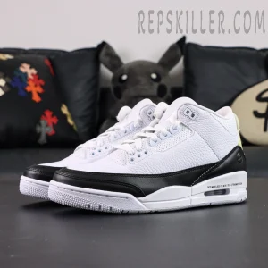 Angled front view of Fragment x Air Jordan 3 “White” highlighting premium white leather and minimalist black overlay.