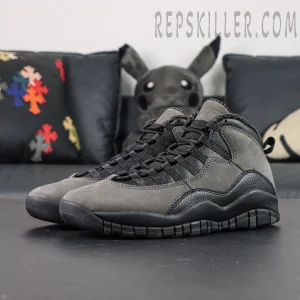 Air Jordan 10 Retro “Shadow” side view featuring dark grey and black nubuck upper with classic mid-cut silhouette.