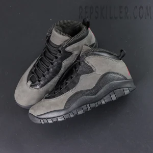 Overhead view of Air Jordan 10 Retro “Shadow” displaying smooth paneling and clean silhouette.