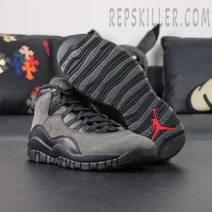 Sole view of Air Jordan 10 Retro “Shadow” showing Jordan’s career milestones and red Jumpman logo.