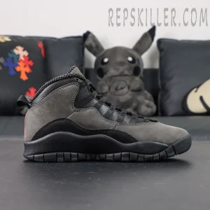 Side profile of Air Jordan 10 Retro “Shadow” emphasizing layered textures of black leather and grey nubuck.